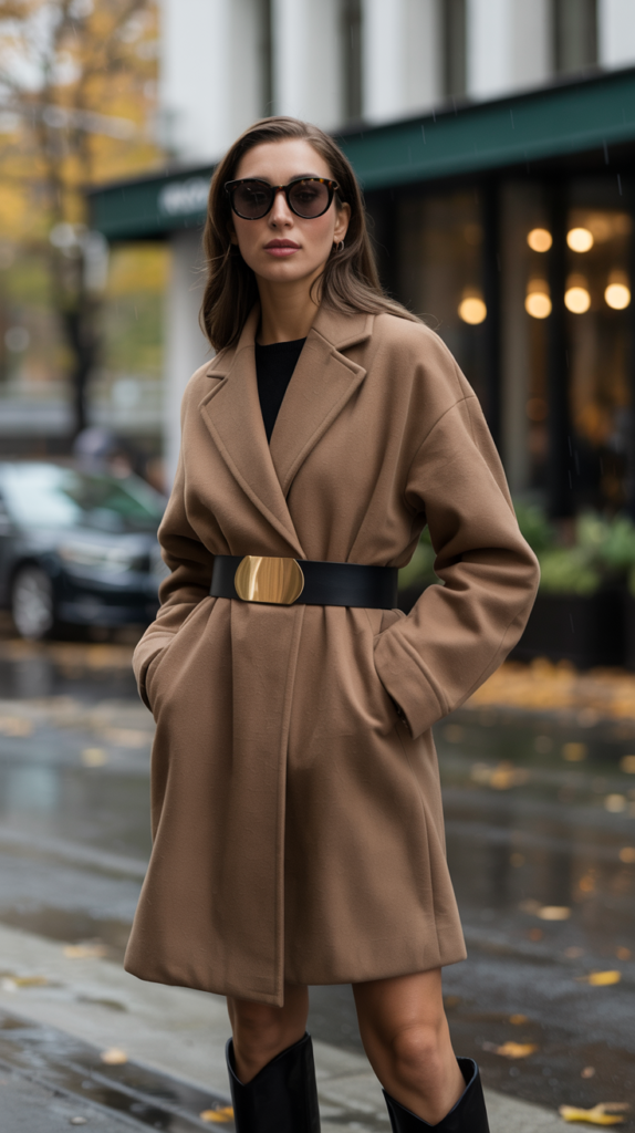 A fashion editorial photograph featuring a model standing confidently on a rain-slicked urban sidewalk, showcasing a stylish fall ensemble. She is wearing a luxurious camel-colored oversized wool coat cinched at the waist with a wide, sculptural black leather belt featuring a brushed gold buckle, and her gaze is directed slightly off-camera with an air of understated sophistication. Completing the look are sleek black knee-high boots and oversized dark sunglasses, while a blurred coffee shop with warm interior lights provides a soft, out-of-focus backdrop of scattered fallen leaves. The scene is bathed in the muted, cool light of an overcast autumn day, enhancing the mood of chic urban style.