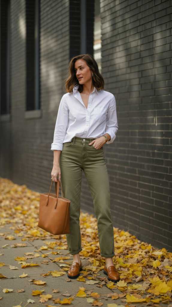 A stylish, candid street-style photograph features a woman confidently standing in front of a textured brick wall, showcasing a chic autumn ensemble. She is wearing olive green straight-leg jeans paired with a crisp white button-down shirt, "French tucked and rolled" at the sleeves, highlighting a relaxed yet polished aesthetic. Completing the look are tan leather loafers and a structured tote bag, while scattered golden-hued fall leaves gently swirl around her ankles, creating a sense of seasonal warmth. Soft, diffused daylight illuminates the scene, casting subtle shadows and enhancing the urban backdrop.