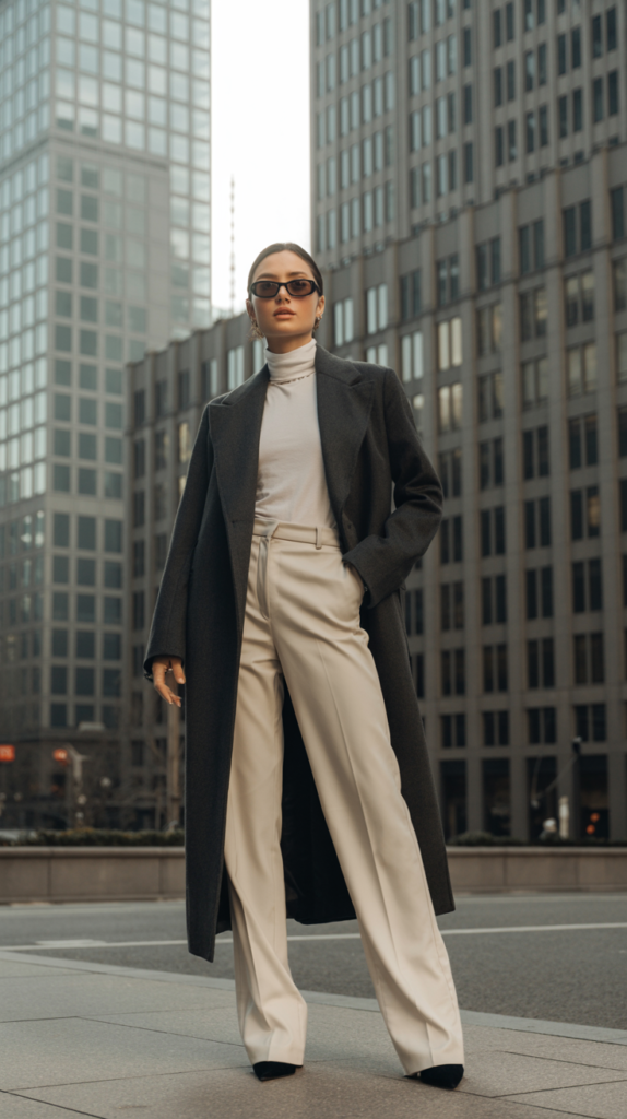 A sophisticated fashion photograph features a confident woman standing poised against the backdrop of towering modern city architecture. She is impeccably dressed in a charcoal wool longline coat layered over an ivory turtleneck and tailored straight-leg cream trousers, accented by sleek black sunglasses and pointy toe boots. Her dark hair is styled back smoothly, framing a face with a subtly intense expression, as she gazes directly into the camera. Soft, diffused natural light illuminates the scene, highlighting the textures of her clothing and casting long shadows from the surrounding skyscrapers, creating a powerful and polished aesthetic.