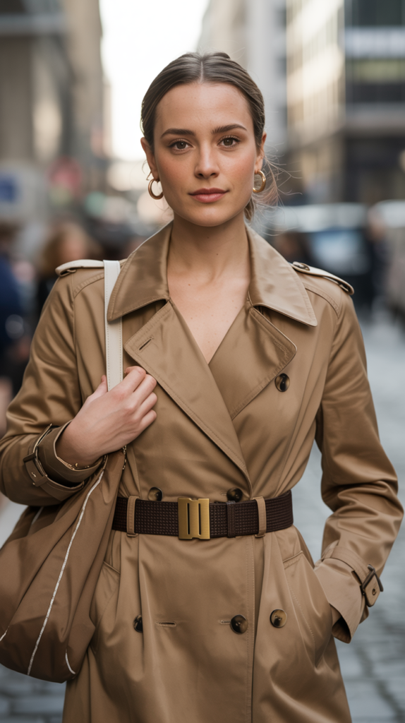 A fashion-forward portrait photograph features a stylish woman in a sophisticated, warm-toned ensemble. She is positioned slightly off-center, wearing a tan trench coat cinched with a medium-width chocolate brown belt featuring a brushed brass buckle, showcasing a confident and put-together look. Complementing the outfit are matching brass earrings and a tan bag with subtle silver accents, demonstrating an intentional and elegant mix of metals. The background is a soft, blurred urban setting bathed in the diffused light of a late afternoon, subtly highlighting the textures of her clothing and accessories.