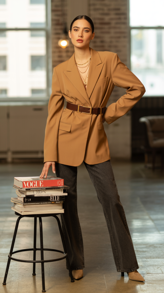 A photograph of a model confidently posing in a camel-colored blazer cinched at the waist with a sleek chocolate brown belt featuring a medium-sized gold buckle. The blazer is styled with dark denim jeans, pointed ankle boots, and layered gold chains that cascade down her chest. She stands near a stool stacked with fashion magazines displaying "VOGUE" and "ELLE" on a softly lit loft setting, with exposed brick walls and large windows casting warm natural light. The overall scene exudes a modern, sophisticated aesthetic, emphasizing the blazer as the central focal point.