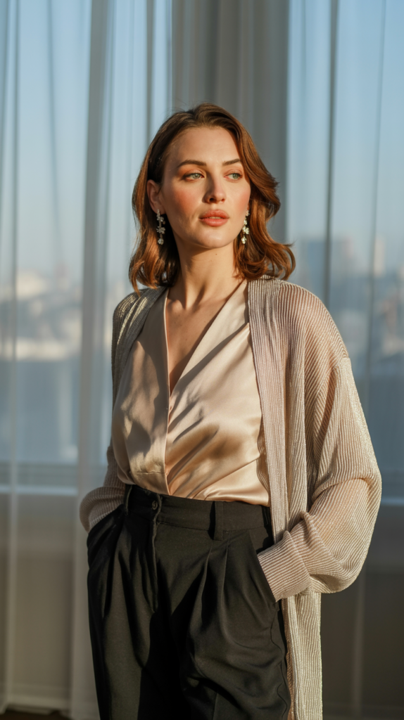 A soft, natural light portrait photograph of a woman with warm brown hair styled in loose waves, exuding effortless elegance. She is wearing a satin champagne blouse tucked into high-waisted black trousers, complemented by a long, open cardigan with delicate metallic threads woven throughout. Crystal-drop earrings dangle subtly, catching the light as she gazes slightly off-camera with a soft-glow makeup look, conveying quiet confidence. The background features sheer white curtains gently billowing in the morning light, and a hint of a blurred cityscape visible through the window, creating a serene and sophisticated atmosphere.