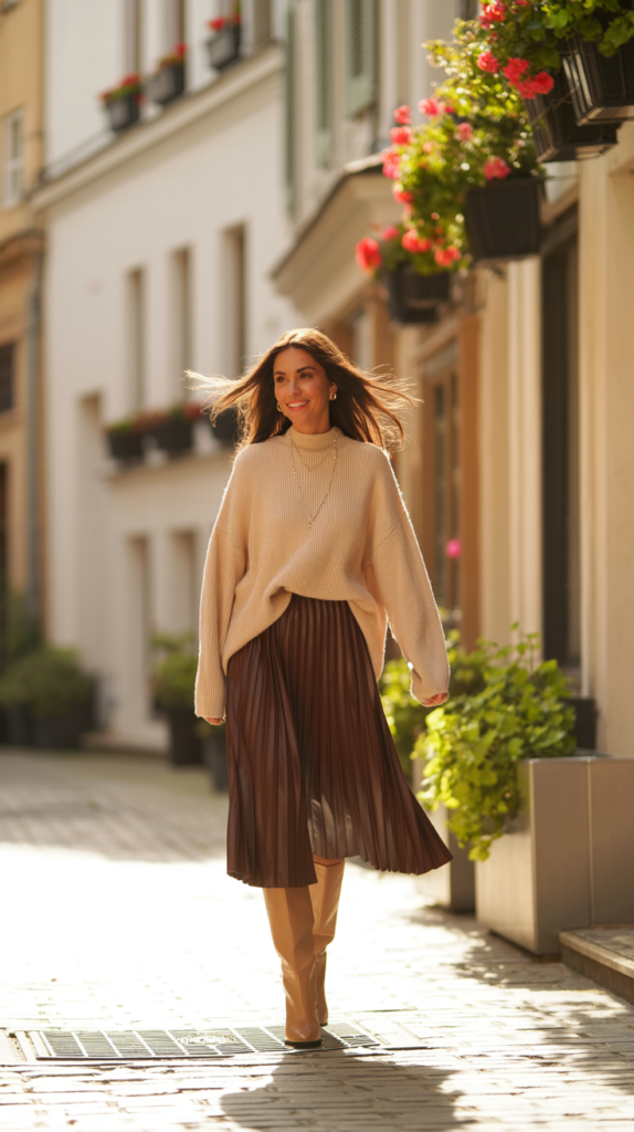 A fashion photography portrait of a woman confidently strolling down a charming cobblestone street. She wears camel-colored knee-high boots, a chocolate-brown pleated midi skirt, and an oversized cream sweater, creating a stylish and cozy ensemble. As she walks, a gentle breeze softly lifts her hair and skirt, catching the warm golden-hour sunlight, casting a soft silhouette against a backdrop of quaint European architecture and colorful window boxes filled with overflowing geraniums. The scene is bathed in a warm, inviting glow, evoking a sense of effortless elegance and urban charm.