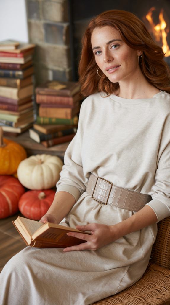 A photograph of a woman seated comfortably on a woven bench, wearing a slouchy cream sweater dress cinched at the waist with a wide, croc-embossed taupe belt. She has warm brown eyes and a relaxed smile, with her auburn hair gently cascading down her shoulders, as she holds a leather-bound book. Around her, scattered pumpkins and stacks of vintage books create a layered autumn aesthetic, with the soft glow of a nearby stone fireplace providing warm, diffused lighting. The scene is captured with a shallow depth of field, softly blurring the background and emphasizing the woman and her cozy surroundings.