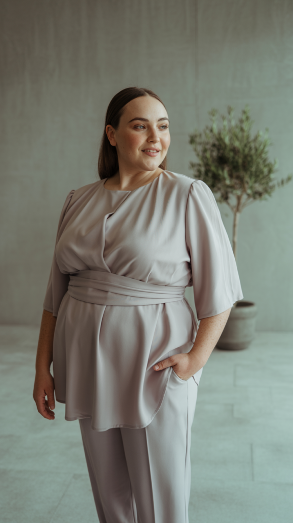A soft, natural light portrait photograph of a woman with a warm smile, showcasing a fuller midsection and slender limbs, elegantly dressed in a flowing tunic-style blouse and tailored straight-leg pants. A medium-width wrap belt cinches slightly below the bust, creating a flattering empire waist silhouette, while her hand rests casually in a pocket, subtly softening her figure as she gazes gently to the side. The backdrop is a minimalist studio space with pale grey walls and a single potted olive tree adding a touch of organic texture. Ambient, diffused lighting gently illuminates the scene, emphasizing the fabric's drape and the woman’s relaxed yet poised posture.