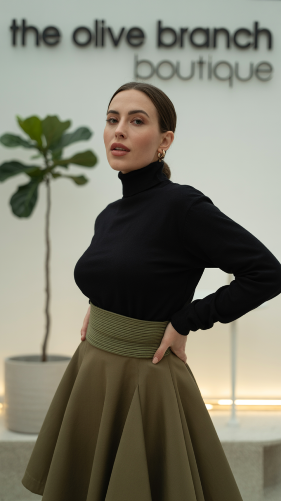 A stylish fashion photograph showcases a woman with a graceful pear-shaped figure, confidently posing in a high-waisted A-line skirt and a fitted black turtleneck sweater cinched with a soft olive-green elastic belt. Her posture is relaxed yet poised, emphasizing a natural curve at her waist, with her gaze directed slightly off-camera towards "The Olive Branch Boutique". The background is a softly blurred, minimalist studio setting with warm, diffused lighting highlighting the texture of her sweater and the clean lines of her outfit. A single, potted fiddle-leaf fig tree adds a touch of organic elegance to the composition.