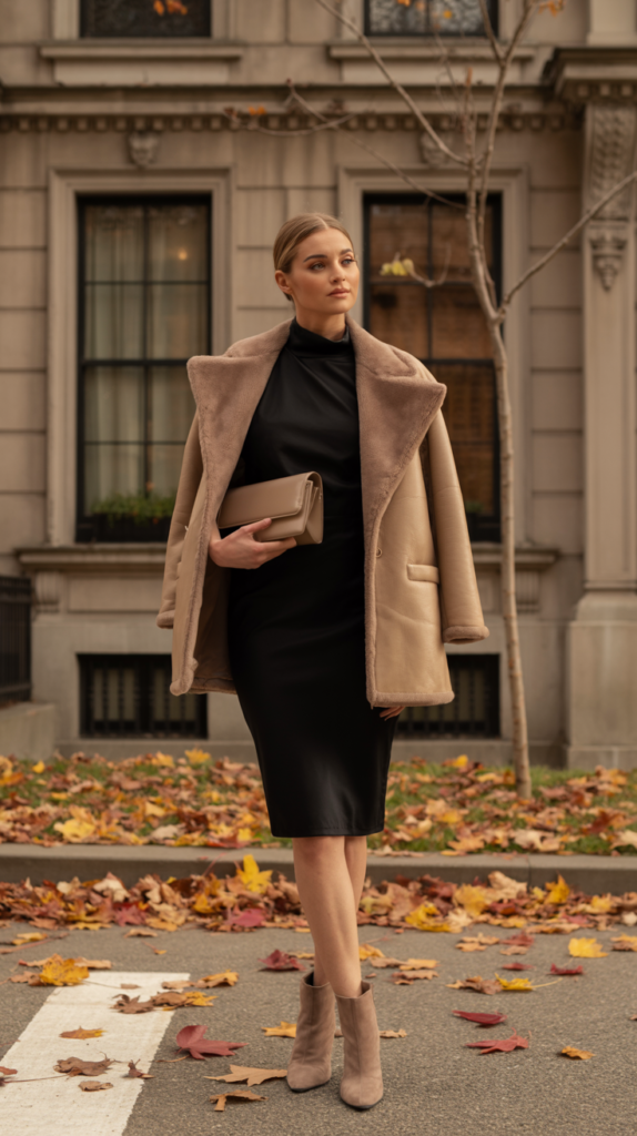A fashion editorial photograph showcases a poised woman in a sand-colored faux shearling coat artfully draped over a sleek black turtleneck dress, complemented by a structured mini top-handle bag and taupe suede ankle boots. She stands confidently against the backdrop of a stately vintage brownstone with ornate detailing, her gaze directed slightly off-camera. Scattered fall leaves in shades of amber and crimson swirl gently around her feet, catching the soft afternoon light, and a single bare tree branch reaches across the frame. The scene is bathed in a warm, diffused light creating a timeless and elegant aesthetic.