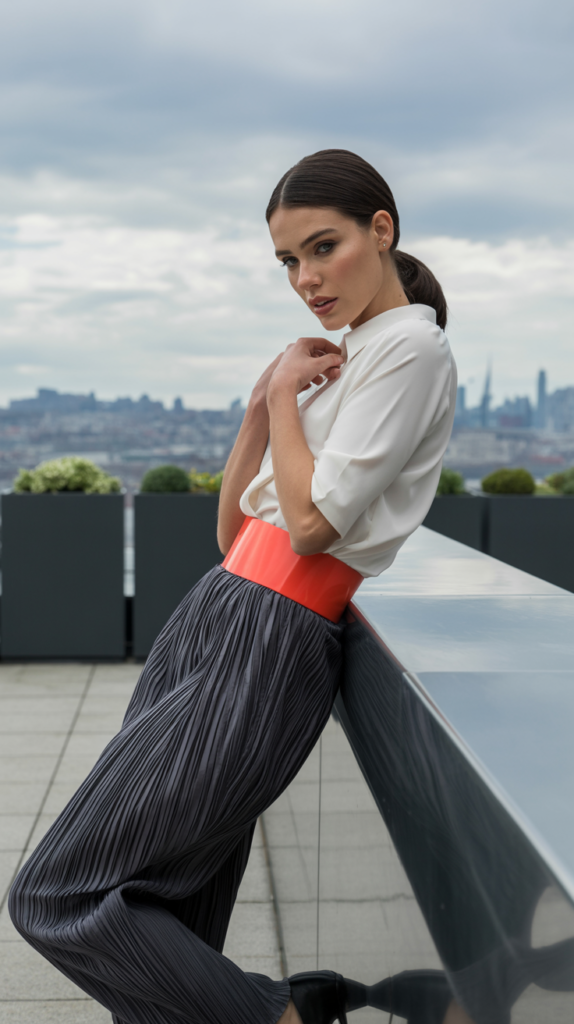 A fashion editorial photograph of a poised model with a streamlined silhouette, confidently leaning against a sleek, black metal railing. She is wearing a crisp white blouse tucked into high-waisted, charcoal-grey pleated trousers and a vibrant coral color-blocked belt that cinches her waist, creating a striking contrast. Her dark hair is styled in a modern, low ponytail, and she playfully adjusts the belt with one hand, her expression conveying understated sophistication against a backdrop of a panoramic city skyline with moody, grey clouds and minimalist rooftop planters. Soft, diffused lighting from the overcast sky illuminates her face and the surrounding urban landscape, creating a sophisticated and slightly melancholic atmosphere.