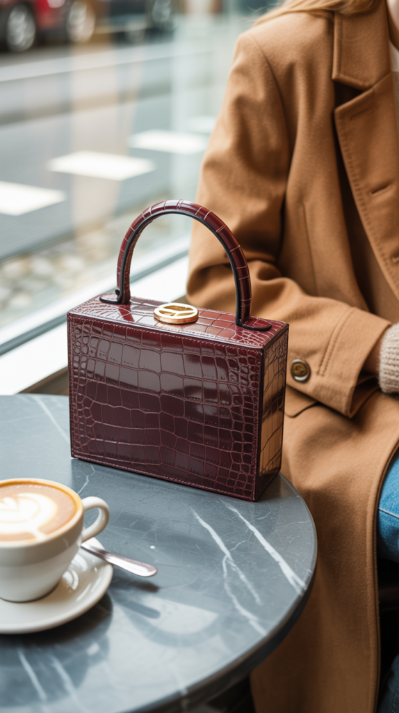 A photograph of a boxy, croc-embossed top-handle bag in deep burgundy sitting on a cool, grey marble café table. The bag has clean lines and a structured shape, with a short, sturdy handle and subtle gold hardware, resting casually beside a creamy latte in a white ceramic cup. Partially visible in the background is a tailored camel-colored coat and a pair of soft brown leather gloves, suggesting a moment of stylish pause. Soft, diffused sunlight streams through the café window, casting gentle shadows across the scene and highlighting the rich texture of the burgundy bag.