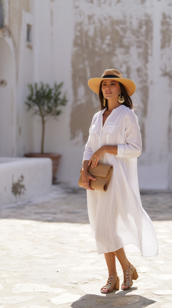 A woman in her late 30s stands confidently in a white linen midi dress, paired with a wide straw hat, bold statement earrings, and strappy metallic sandals. The look is elevated with a structured handbag and minimal makeup.
