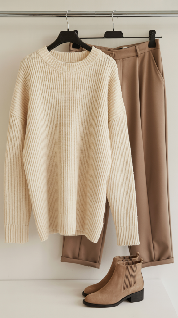 A cream knit sweater draped gently on a hanger beside warm taupe trousers and ankle boots.