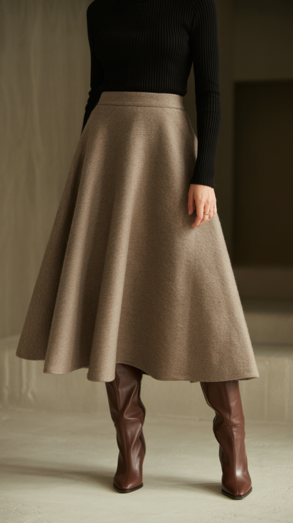 A fashion photograph showcasing a sophisticated autumn outfit centered on a flowing taupe wool midi skirt with subtle texture and movement. The skirt is perfectly paired with a fitted black ribbed turtleneck that creates an elegant silhouette, tucked neatly at the waist. Rich chocolate brown leather knee-high boots with a sleek pointed toe and moderate heel complete the ensemble, adding warmth and depth to the neutral palette. The styling is captured against a minimalist backdrop with soft, diffused lighting that emphasizes the luxurious textures of the wool and leather.