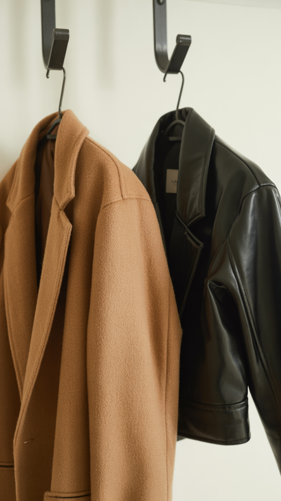 A clean, minimalist photograph showcasing two luxury outerwear pieces hanging side by side on sleek black metal wall hooks. The camel wool coat displays a rich, warm beige tone with a soft, textured weave and elegant tailored silhouette, while the black leather cropped jacket features a glossy finish with subtle stitching details and a fitted cut. The garments are positioned against a pristine white wall, creating striking contrast and emphasizing the quality of both materials. Soft, even lighting illuminates the scene, casting gentle shadows that highlight the texture differences between the wool's matte surface and the leather's polished sheen.