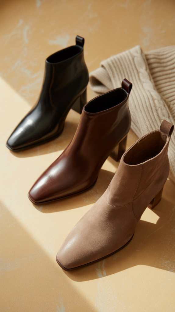 A styled product photograph featuring three pairs of elegant ankle boots arranged on a warm beige textured surface with subtle natural grain. The boots showcase distinct styles: sleek black leather with a sharply pointed toe and slim block heel, rich chocolate brown leather with a softly rounded toe and subtle burnishing, and luxurious taupe suede with clean minimal stitching and a low profile silhouette. Soft autumn sunlight streams from the side, casting gentle shadows that highlight the boots' craftsmanship and textures. A folded cream cable-knit sweater rests in the corner of the frame, adding a cozy seasonal element to this sophisticated fall fashion composition.