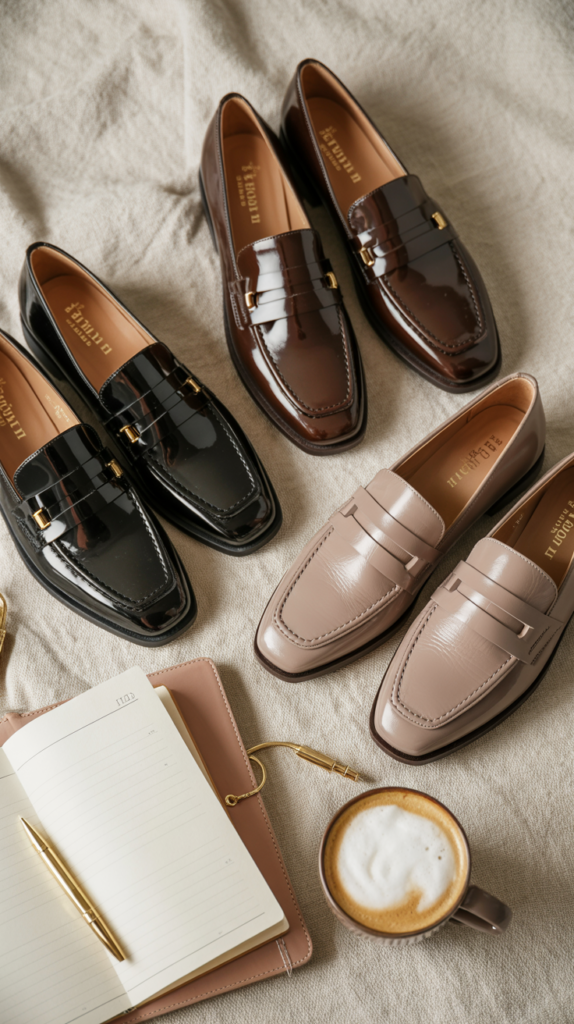 A stylish product photography shot featuring three pairs of chic fall loafers arranged on a neutral linen background. The classic black leather loafers showcase polished gold hardware and clean lines, while the rich chocolate brown pair displays a minimal, sophisticated silhouette with subtle tonal stitching. The soft taupe loafers feature delicate contrast stitching and a refined, understated elegance. Nearby, a structured leather planner with crisp pages, an elegant gold ballpoint pen, and a ceramic latte cup with creamy foam create an atmosphere of effortless sophistication perfect for busy office days and stylish errands.