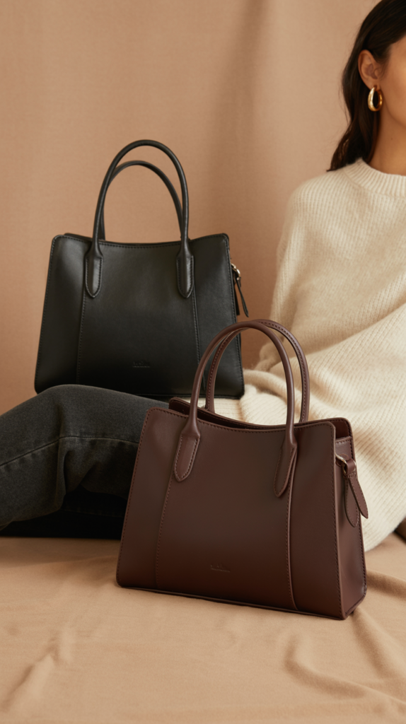 A mid-size structured handbag photographed on a warm taupe backdrop. One version in smooth black leather with clean lines and top handles; another in deep chocolate brown with subtle texture. The bag is styled beside dark denim, a cream sweater, and gold hoop earrings to show how it elevates a fall capsule wardrobe.