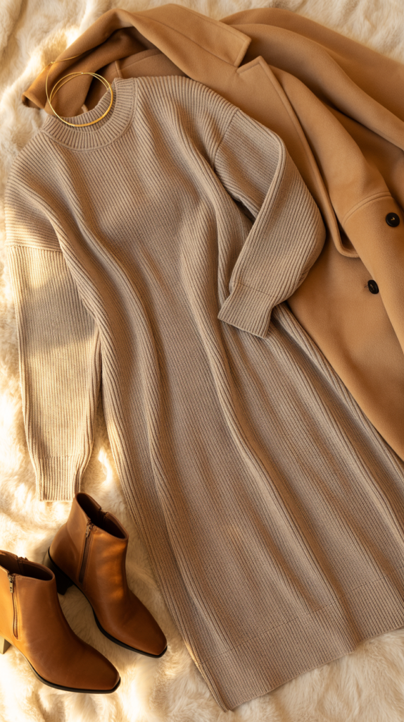 A styled flat-lay photograph of a cozy fall sweater dress in warm oatmeal knit, featuring gentle ribbing and an elegant drape that suggests feminine comfort and sophistication. The dress is artfully arranged on a plush ivory blanket, with rich chocolate-brown ankle boots positioned at the hemline and a luxurious camel-colored coat folded to peek into one corner of the frame. Delicate gold hoop earrings rest near the neckline, catching the light and adding a touch of refined elegance to the composition. Soft, golden autumn light bathes the entire scene, creating warm shadows that highlight the varied textures of knit, leather, and wool while maintaining a beautifully chic and inviting aesthetic.