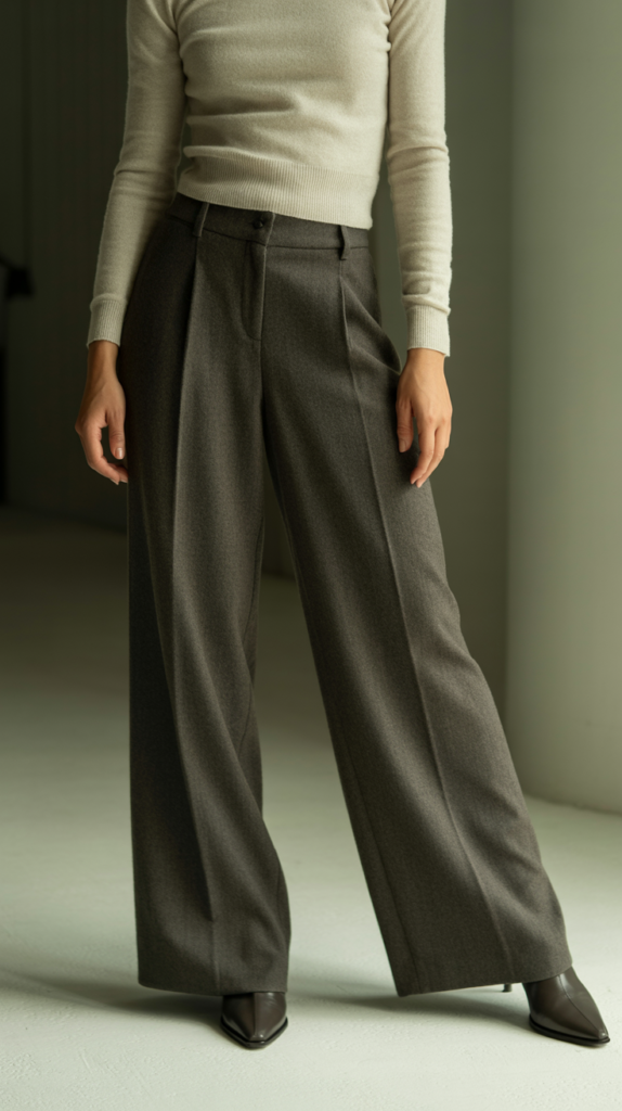 A fashion photograph featuring a person wearing elegant wide-leg trousers in charcoal gray wool that flow gracefully from the hips to create a dramatic silhouette. The outfit is completed with a fitted cream cashmere sweater that hugs the torso, creating a balanced contrast between the loose and tailored elements. Sleek pointed-toe ankle boots in black leather add sophistication and elongate the legs beneath the flowing fabric. The scene is captured against a minimalist backdrop with soft, diffused lighting that highlights the textures and clean lines of this contemporary ensemble.