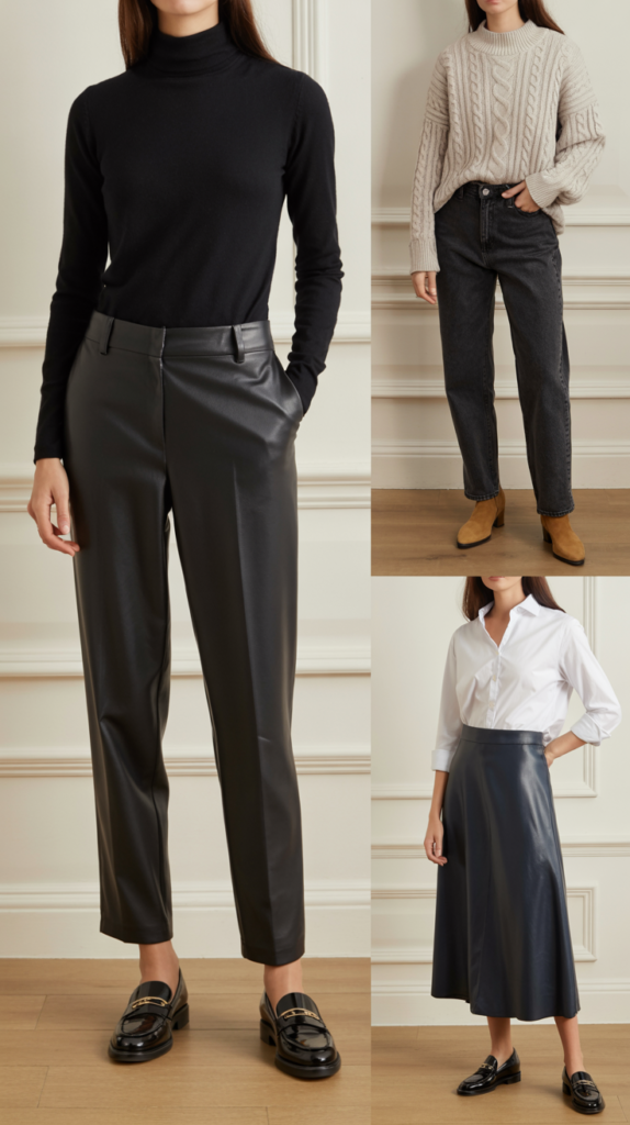 A clean, minimalist fashion layout showcasing three elegant weekday outfit combinations arranged on a light wooden surface. The first outfit features a sleek black turtleneck paired with tailored charcoal trousers and polished leather loafers, creating a sophisticated silhouette. The second combination displays a soft cream cable-knit sweater styled with dark indigo denim jeans and suede ankle boots in warm brown. The third ensemble presents a crisp white cotton button-up shirt tucked into a flowing midi skirt in navy blue, completed with classic black leather loafers, all photographed with soft, even lighting that emphasizes the clean lines and quality textures of each piece.