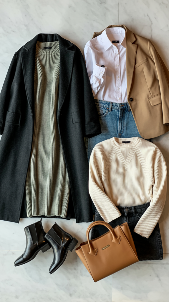 A stylish fashion flat lay photograph showcasing three complete weekend outfit combinations arranged on a clean white marble surface. The first outfit features a cozy ribbed knit dress in sage green paired with a tailored charcoal wool coat and sleek black leather ankle boots. The second ensemble displays a crisp white cotton button-up shirt artfully layered with classic blue denim jeans and a modern cropped blazer in camel brown. The third look presents a luxurious cream cashmere sweater styled with dark wash denim and an elegant structured leather handbag in cognac brown, with soft natural lighting creating gentle shadows that highlight the textures and quality of each garment.