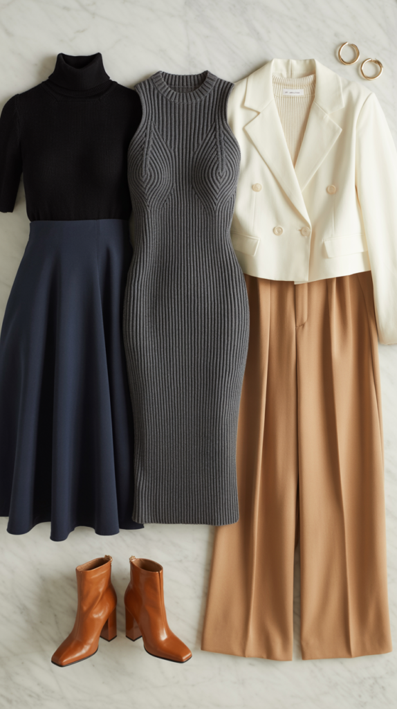 A stylish fashion flat lay photograph showcasing three elegant dinner outfit combinations arranged on a clean white marble surface. The first ensemble features a flowing midi skirt in deep navy paired with a sleek black turtleneck and cognac leather heeled ankle boots. The second look displays a form-fitting ribbed knit dress in charcoal gray alongside a tailored cream cropped blazer with gold buttons. The third outfit presents wide-leg trousers in camel tone coordinated with a luxurious cream cashmere sweater and delicate gold hoop earrings positioned nearby, all captured with soft, even lighting that highlights the textures and sophisticated color palette.