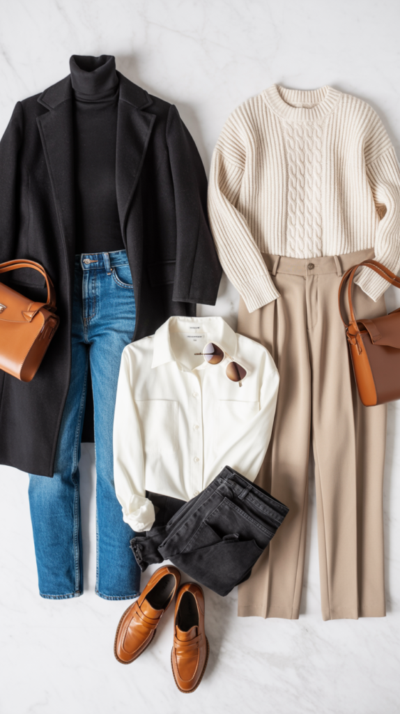 A stylish fashion flat lay photograph showcasing three complete travel outfit combinations arranged on a clean white marble surface. The first outfit features a sleek black turtleneck paired with classic blue denim jeans and an elegant charcoal wool coat, while the second displays a soft cream cable-knit sweater with tailored beige trousers and brown leather loafers. The third ensemble presents a crisp white button-up shirt with dark wash denim and cognac-colored ankle boots. Each outfit is thoughtfully styled with coordinating accessories like leather bags, scarves, and sunglasses, photographed from above with bright, even lighting that emphasizes the textures and colors of each piece.