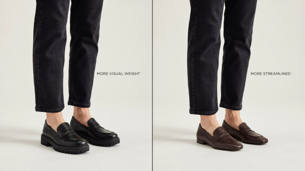 Horizontal editorial comparison showing two pairs of loafers beneath identical dark straight-leg jeans. On one side, a streamlined chocolate leather loafer with a slim sole and softly tapered almond toe. On the other, a substantial black loafer with a broader rounded toe, higher vamp and thick lug sole. Neutral ivory background, close crop from mid-calf down.