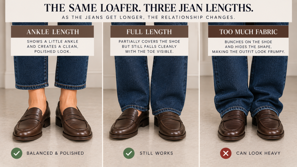 Three-panel lower-body comparison using the exact same chocolate almond-toe loafer. First: ankle-length straight jeans with a small amount of ankle visible. Second: full-length straight jeans partially covering the loafer cleanly. Third: overly long jeans collapsing into several folds over the shoe.