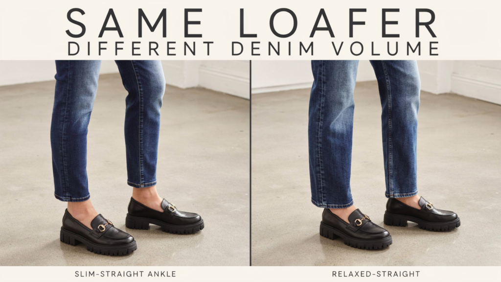 Side-by-side lower-body comparison using the exact same substantial black lug-sole loafer and same dark denim wash. On the left, slim-straight ankle jeans create a narrow denim column. On the right, relaxed straight-leg jeans provide more volume around the shoe.