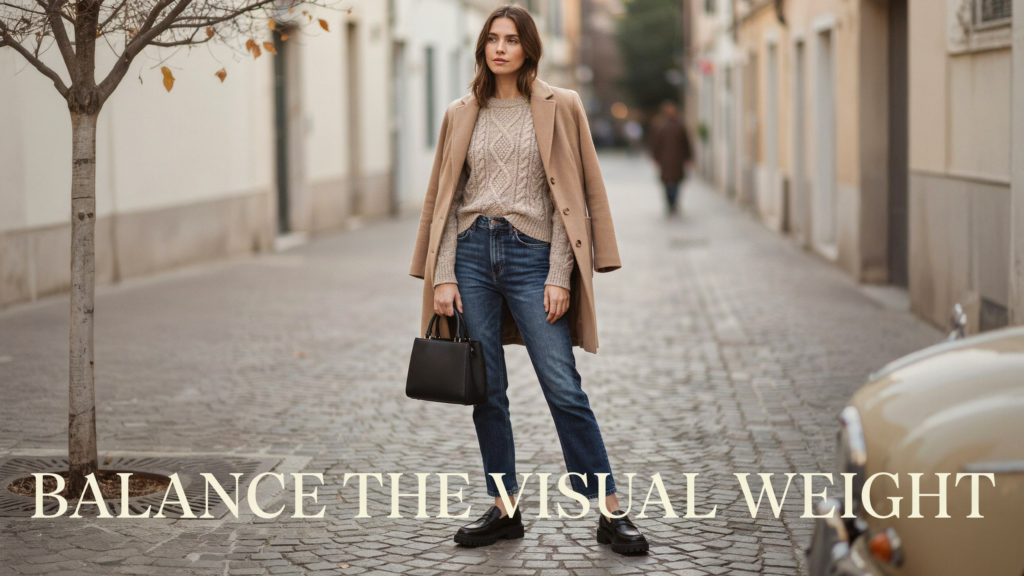 Polished woman in relaxed straight-leg medium-dark denim, substantial black lug loafers, oatmeal fine-gauge knit and structured camel jacket. Structured black handbag repeats the dark shoe. Sophisticated fall editorial setting.