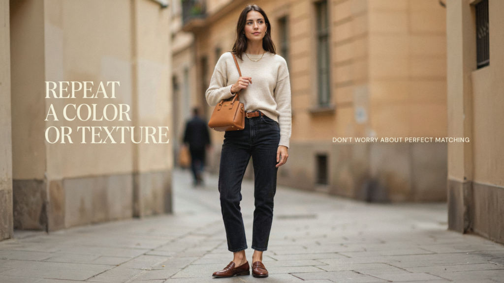 Dark-indigo ankle-length straight jeans + ivory fine-gauge sweater + slim chocolate belt + refined chocolate almond-toe loafers + structured chocolate handbag.