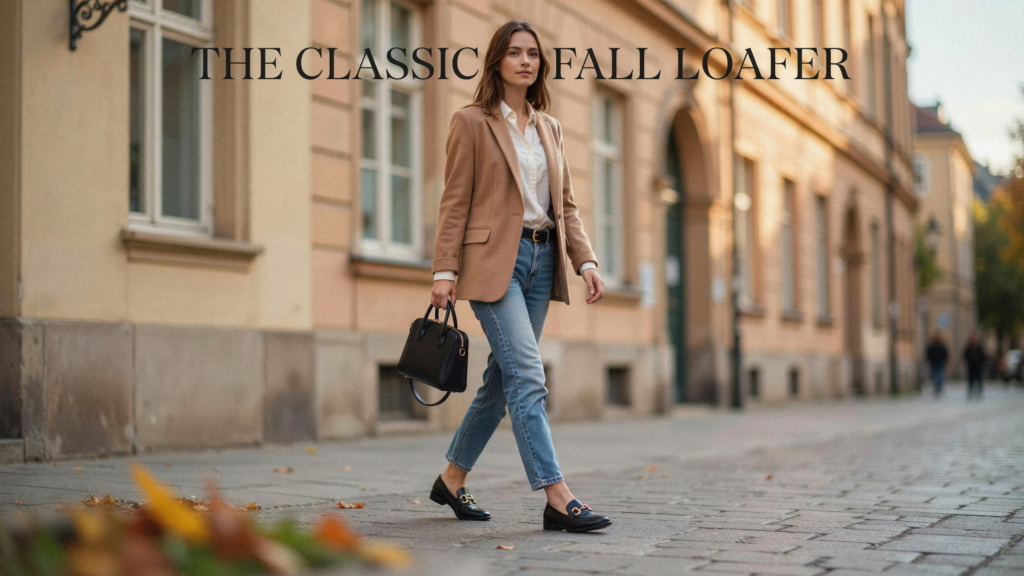 Medium-wash straight jeans + crisp ivory button-down + tailored camel blazer + slim black belt + sleek black loafers + structured black handbag.
