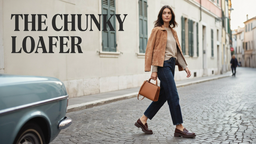 Relaxed straight-leg dark denim + oatmeal knit + structured camel or taupe suede jacket + substantial dark lug-sole loafers + structured handbag.