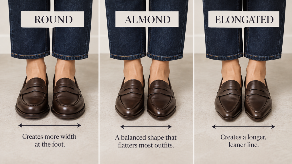 Three-panel close-up showing identical ankle-length dark jeans with three similarly colored loafers. First loafer has a broad round toe, second has a true softly tapered almond toe, and third has a longer tapered silhouette. Keep sole thickness similar so toe shape is the primary variable.
