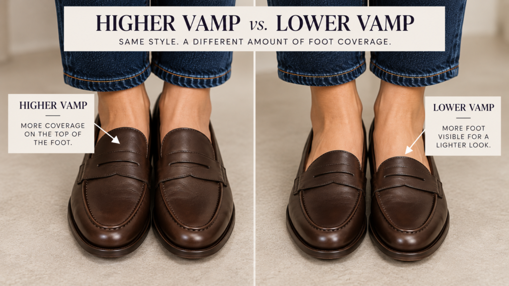 Close editorial comparison of two chocolate leather loafers with similar almond toes and slim soles. One has a higher vamp covering more of the upper foot; the other is cut slightly lower and exposes more foot.