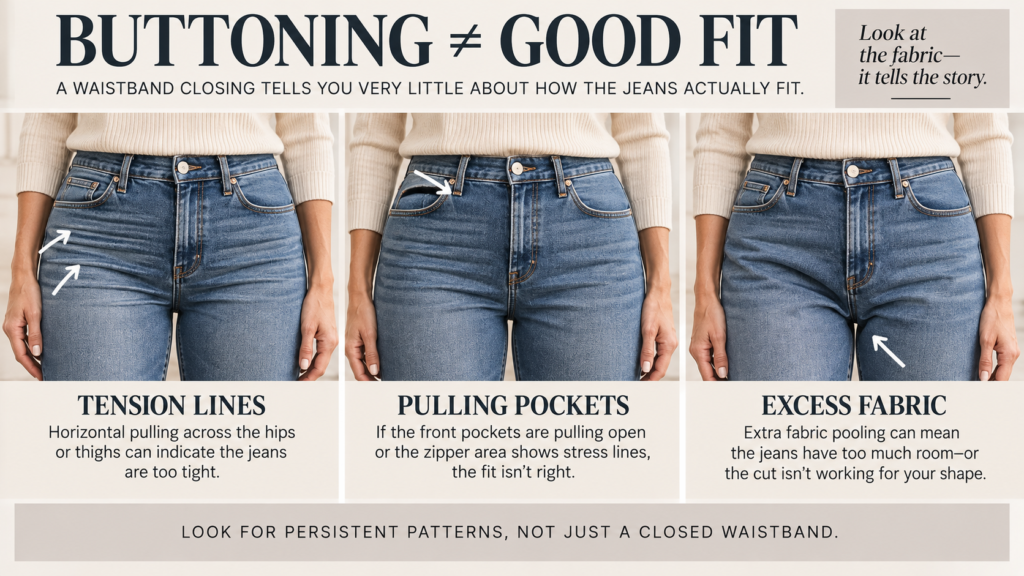 Three-panel editorial comparison showing the same woman in straight-leg jeans. First pair shows persistent tension across the hips and upper thighs. Center pair falls cleanly without excessive pulling or pooling. Third pair shows excess fabric through the crotch and upper thigh.
