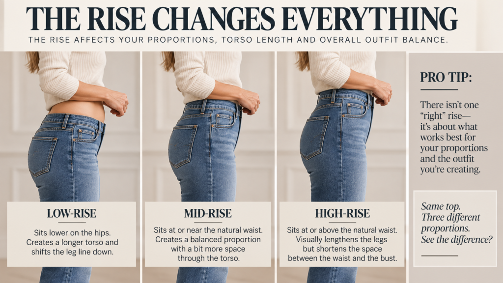 Same woman shown three times in identical fitted ivory tops and similar straight-leg denim. Jeans differ only in rise. Clearly show how moving the waistband changes the torso-to-leg proportions.