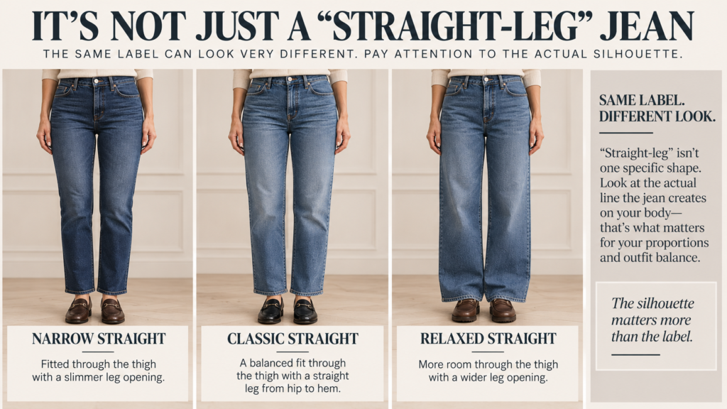 Three women—or the same woman repeated—wearing the same denim wash and neutral top. Show a slim straight, classic straight and relaxed straight jean clearly enough that the increasing denim volume is immediately visible.