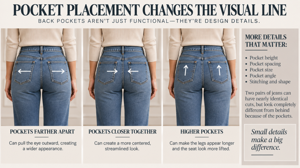 hree back-view close-ups of similar straight-leg jeans on the same woman. Keep the wash and fit consistent while clearly changing pocket spacing, height and angle.