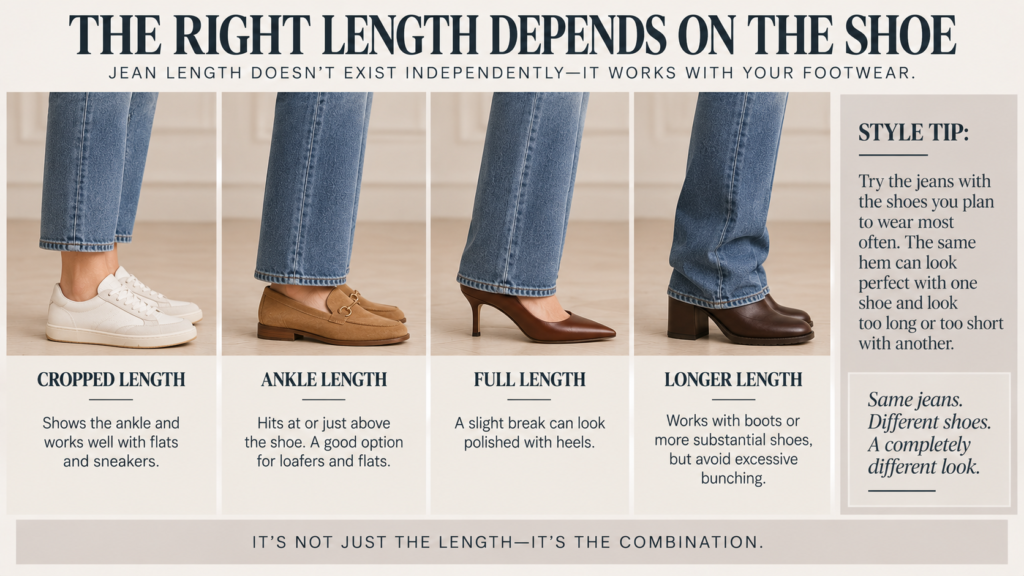 Three-panel lower-body comparison showing straight-leg denim with a refined flat, streamlined loafer and heel. Clearly show how the hem-to-shoe relationship changes.