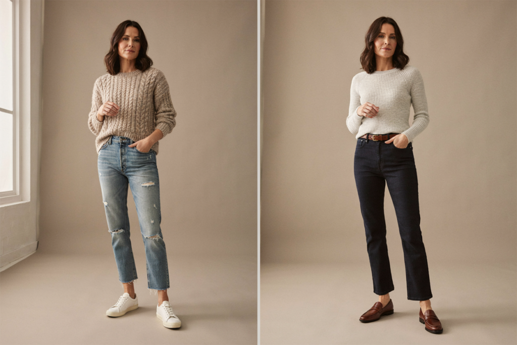 Comparison showing how a clean denim wash makes a jeans outfit look more polished.