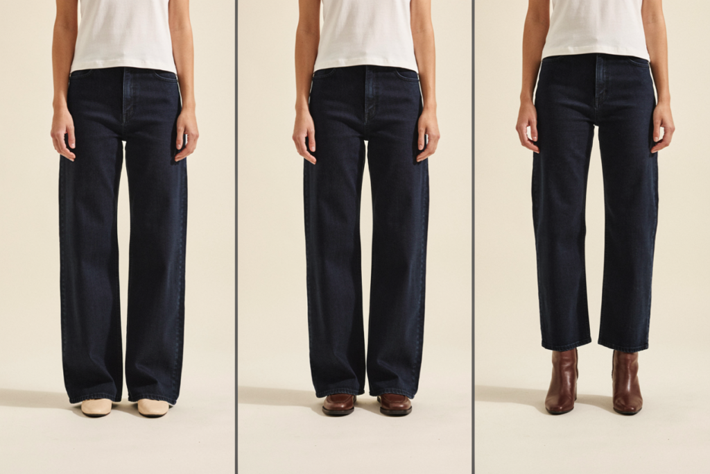 Three shoe options demonstrating how visual weight affects full-length jeans.