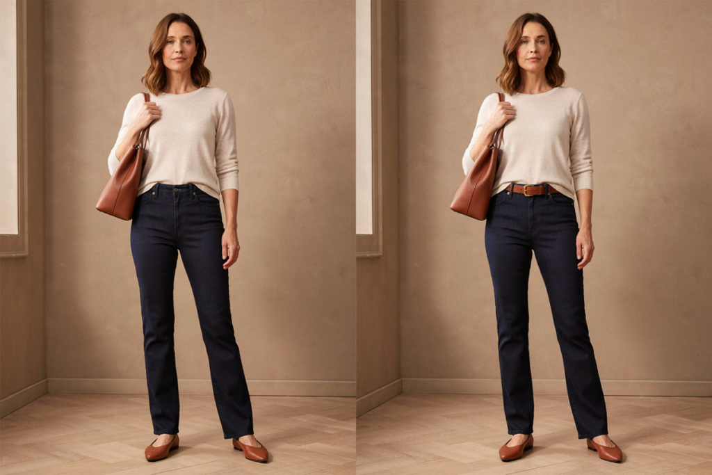 Before-and-after example showing how a belt defines a polished jeans outfit.