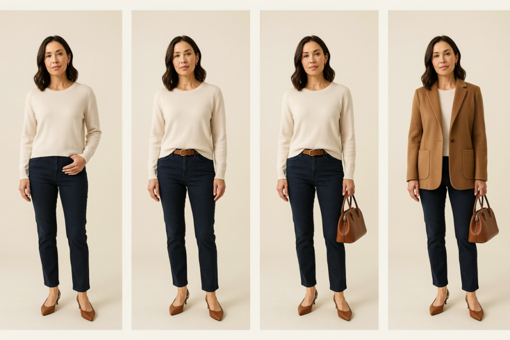 tep-by-step transformation of a simple jeans outfit into a polished fall look.