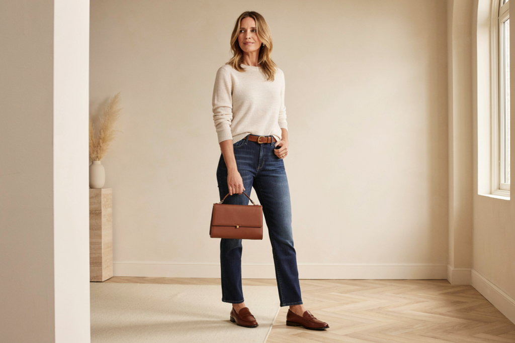 Clean straight-leg jeans + fine-gauge knit + leather belt + loafers + structured handbag