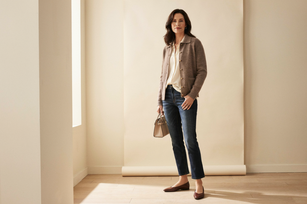 Dark ankle jeans + smooth blouse + knit jacket + pointed flat