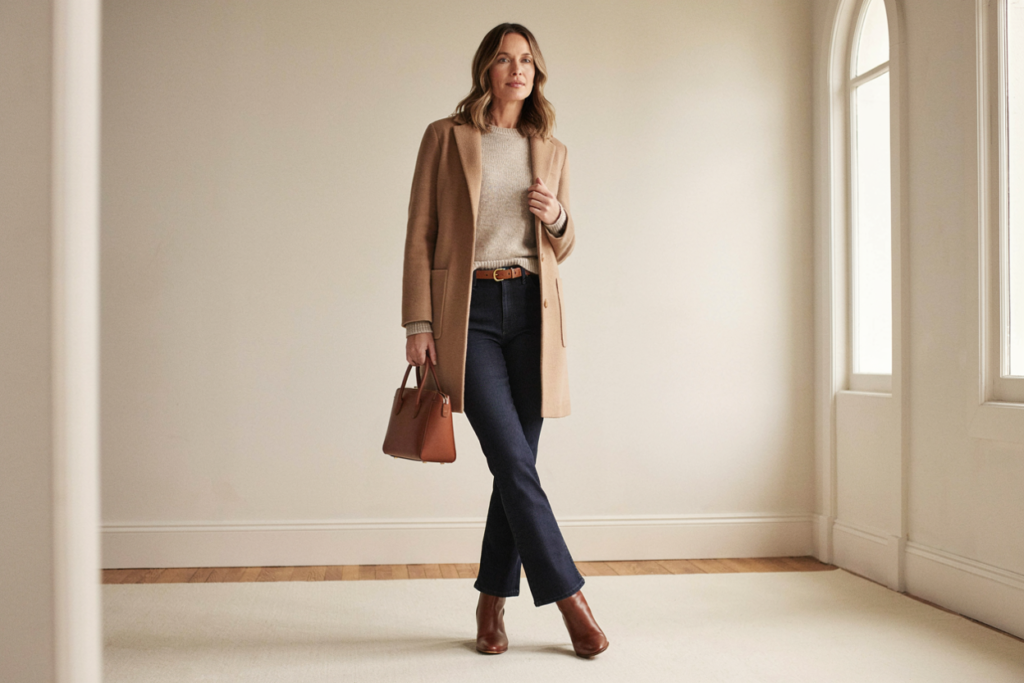Full-length bootcut jeans + fitted sweater + belt + streamlined heeled ankle boot + tailored coat