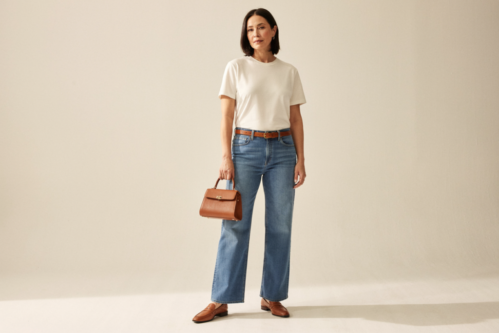Wide-leg jeans + substantial tucked tee or fine knit + defined leather bag + shoe with visible presence