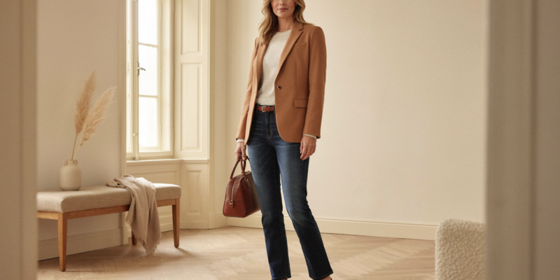Woman wearing a polished fall outfit with straight-leg jeans, an ivory knit and camel blazer.